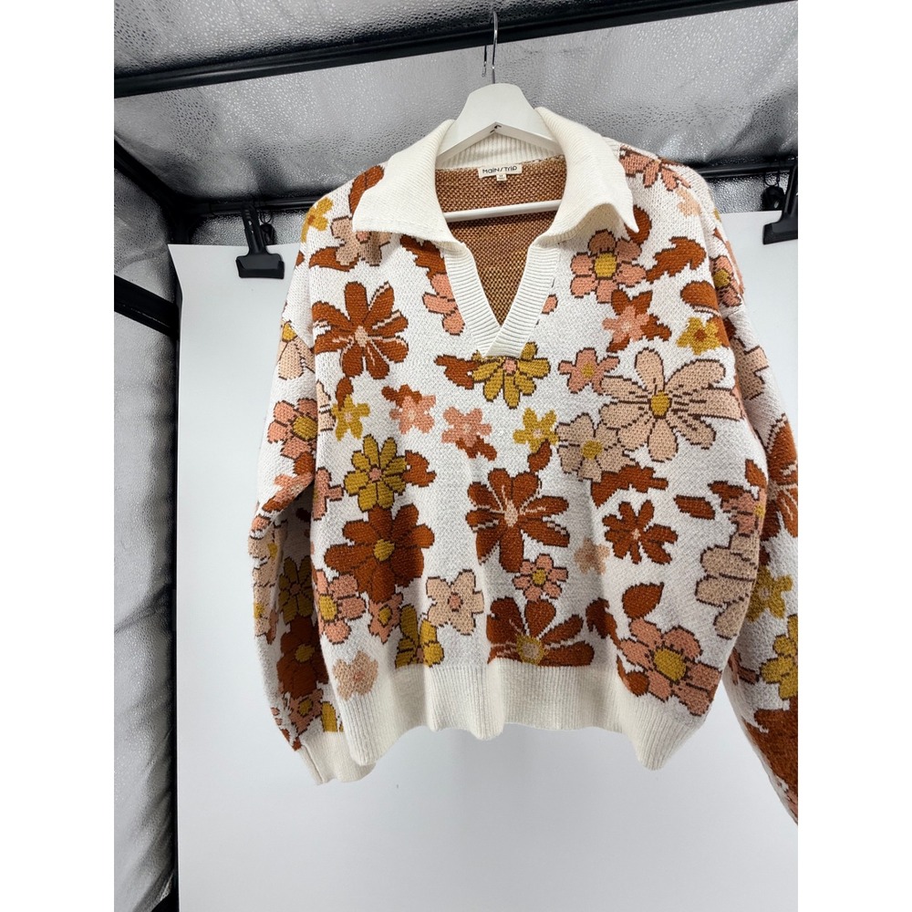 Mainstrip Womens Retro Floral Knit Polo Sweater Orange Brown White Size M